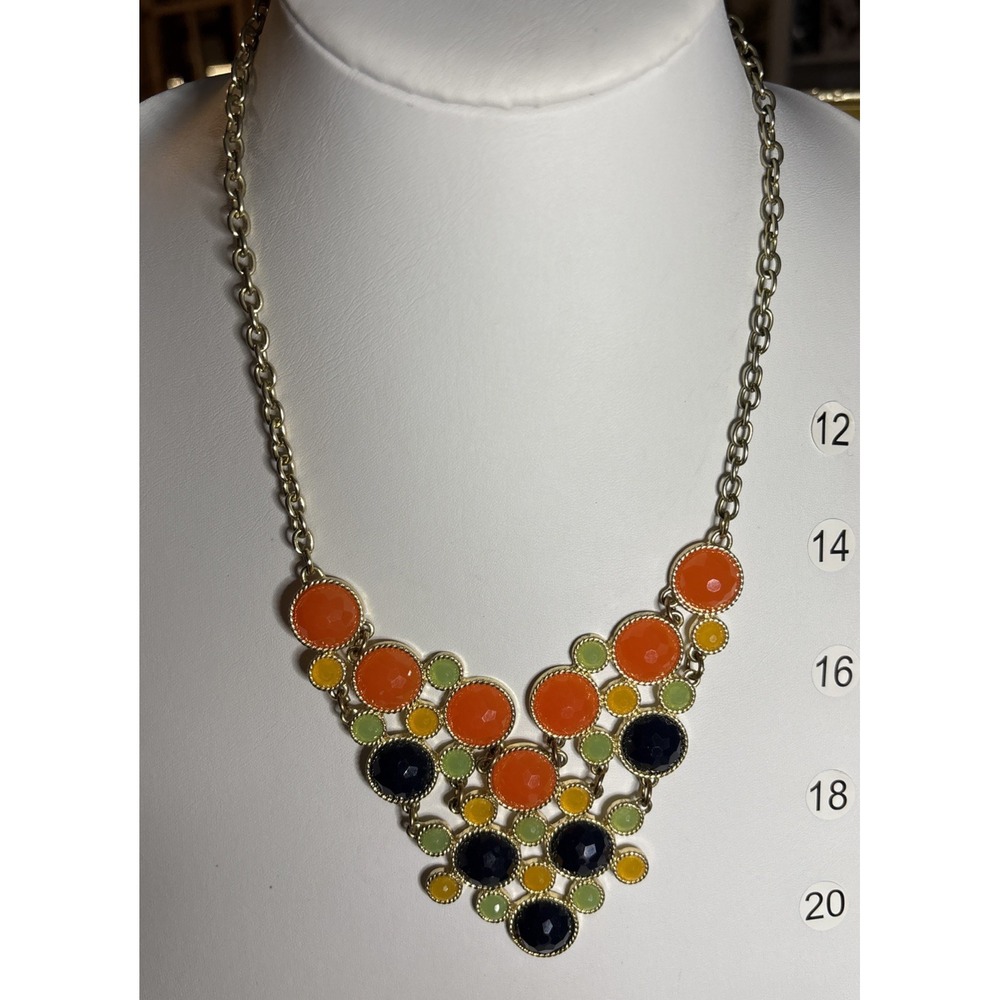 Orange Black Green Faceted Cabochon Gold Tone Statement Bib Necklace Acrylic